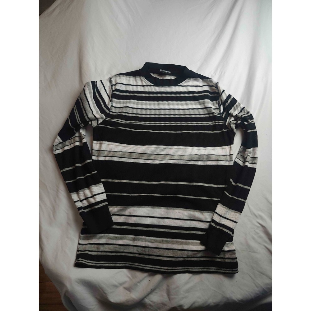 Brooklyn State Sweater Womens Medium Black Stripe Waffle Knit Crew Neck Pullover